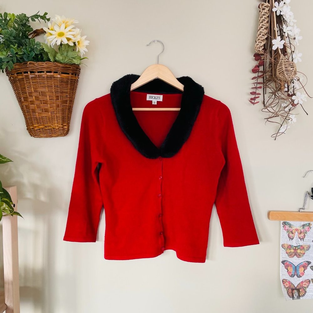 vintage faux fur trim red glam baby  cardigan